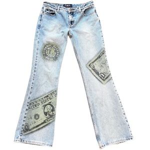 Vintage LEI Low Rise 90s Flare Jeans Custom Money Print Light Wash Size 6/8